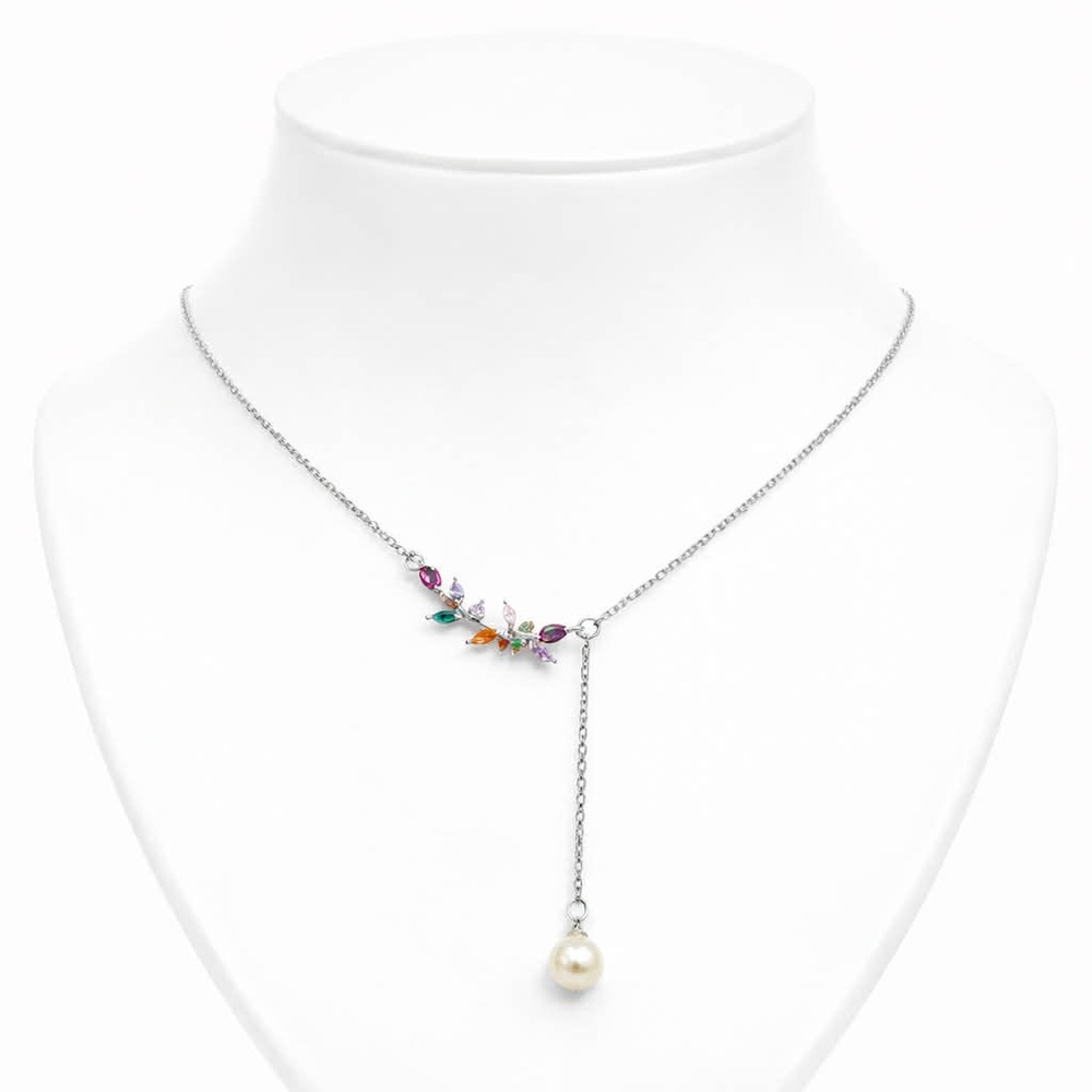 Multi-Color Crystal Leaf Lariat Necklace with Pearl Drop